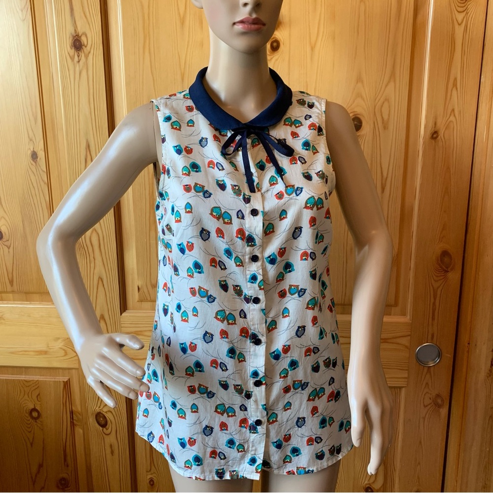 Ole by Koton Y2k Novelty Print Owls Top Blouse Button Bow S Peter Pan Collar